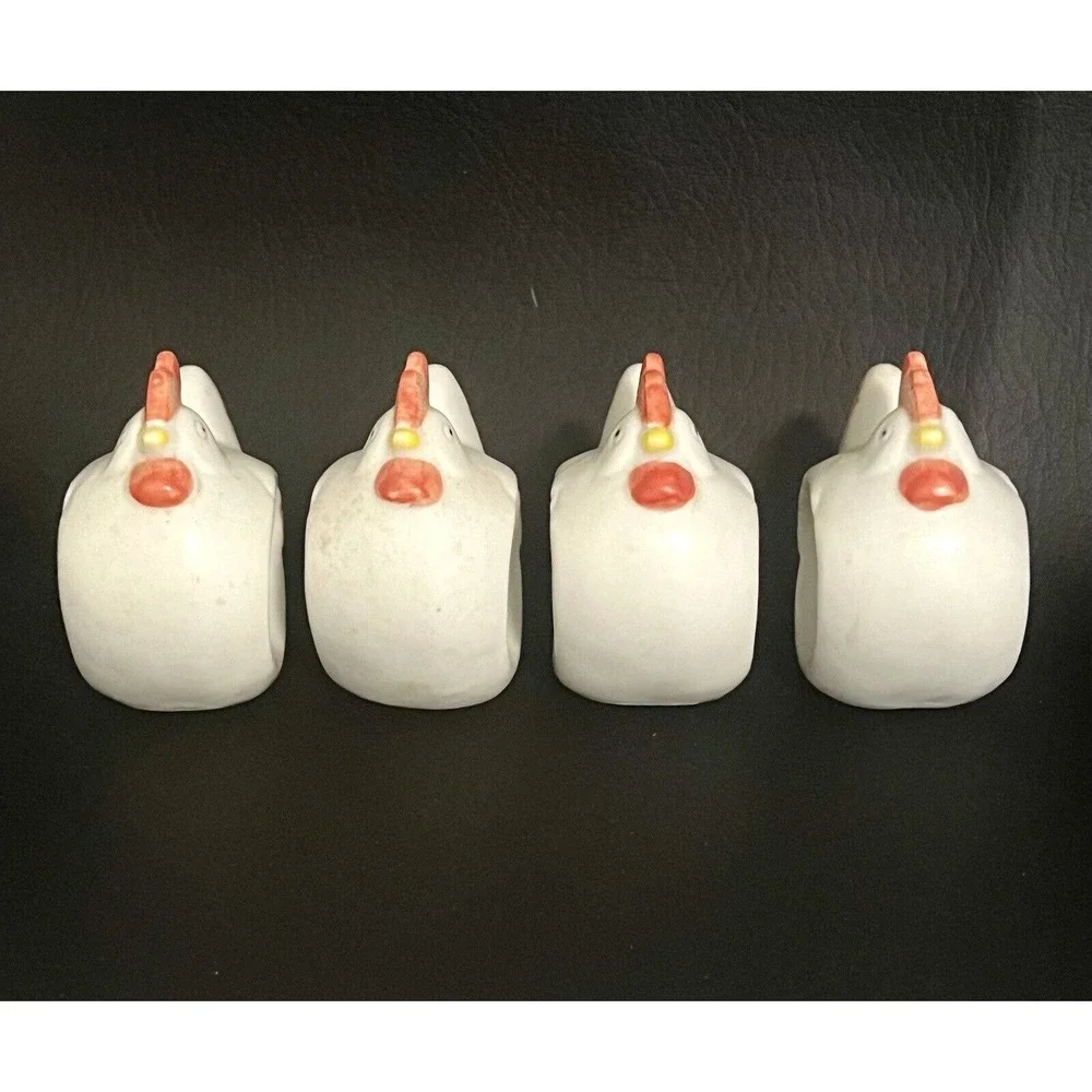 Vintage Chicken Hen Napkin Rings ~ Set of 4 ~ Stoneware ~ Handpainted‎